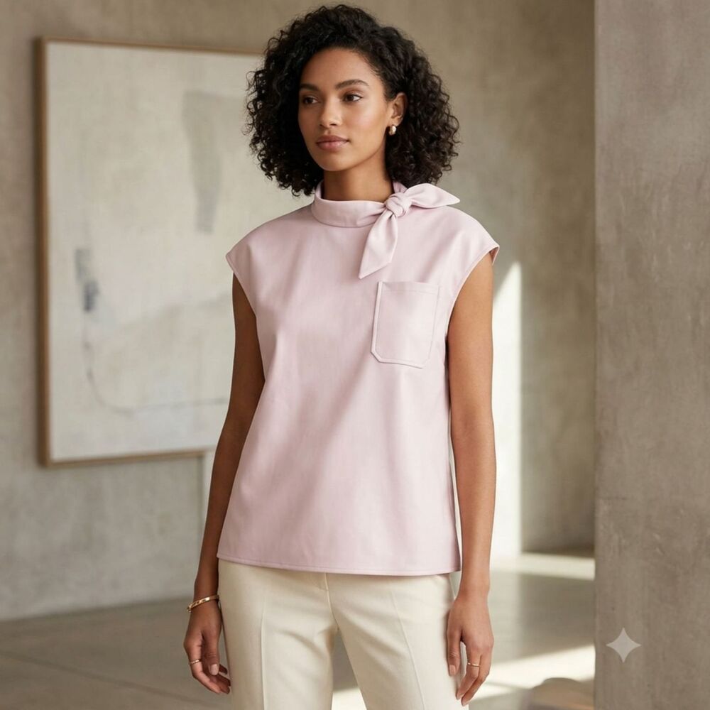 Alfani Pale Pink Tie Neck Blouse M Medium Sleeveless Mock Neck Pocket Top Career